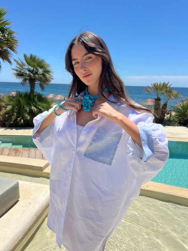 CELIA BEACH SHIRT White with Baby Blue