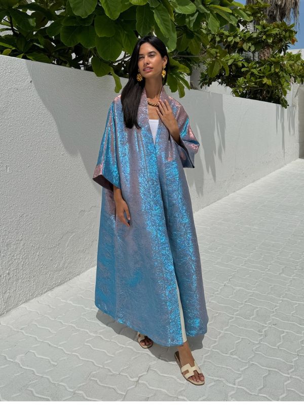 METALLIC ABAYA BABY BLUE-PINK