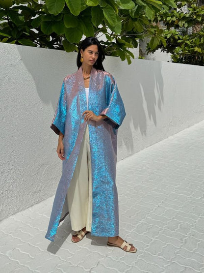 METALLIC ABAYA BABY BLUE-PINK