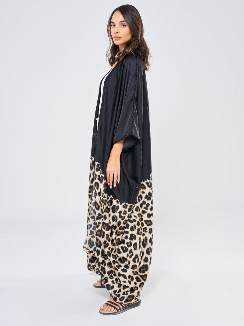 MIMI SILK TUNIC W/ LEOPARD - BLACK