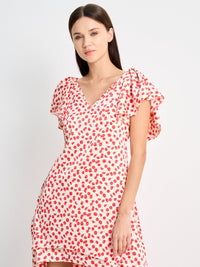 DORITA DRESS - PRINTED RED FLOWERS ON CREAM