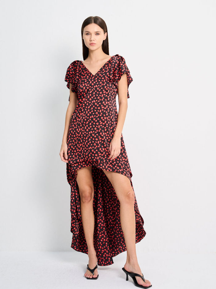DORITA DRESS - PRINTED RED FLOWERS ON  BLACK