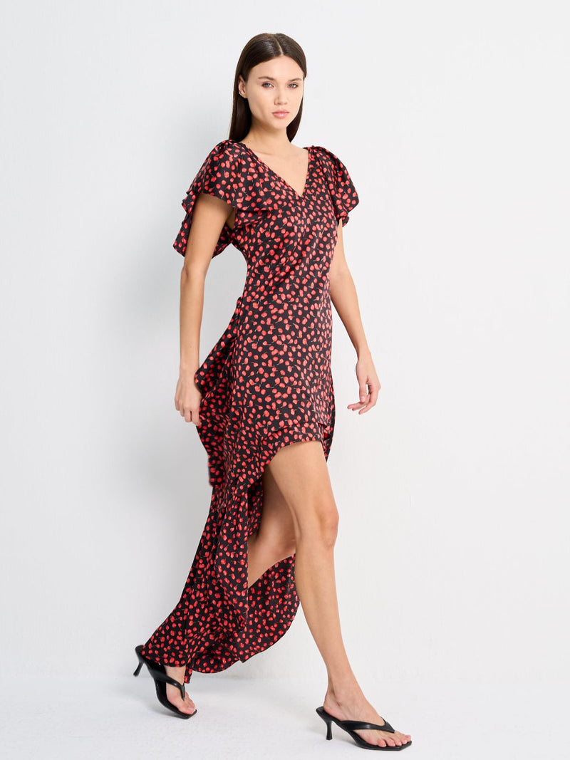 DORITA DRESS - PRINTED RED FLOWERS ON  BLACK