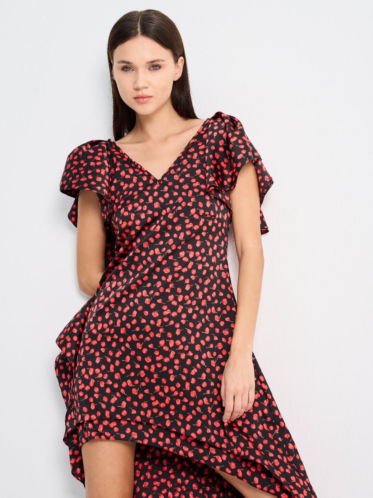 DORITA DRESS - PRINTED RED FLOWERS ON  BLACK