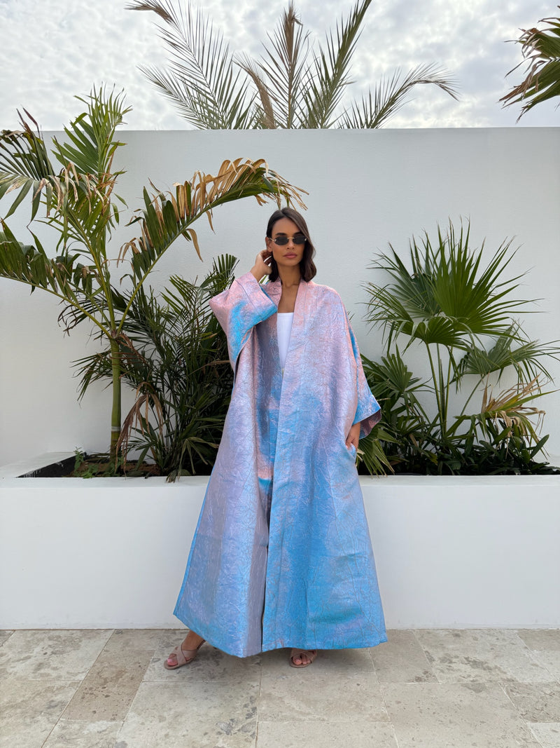 METALLIC ABAYA BABY BLUE-PINK
