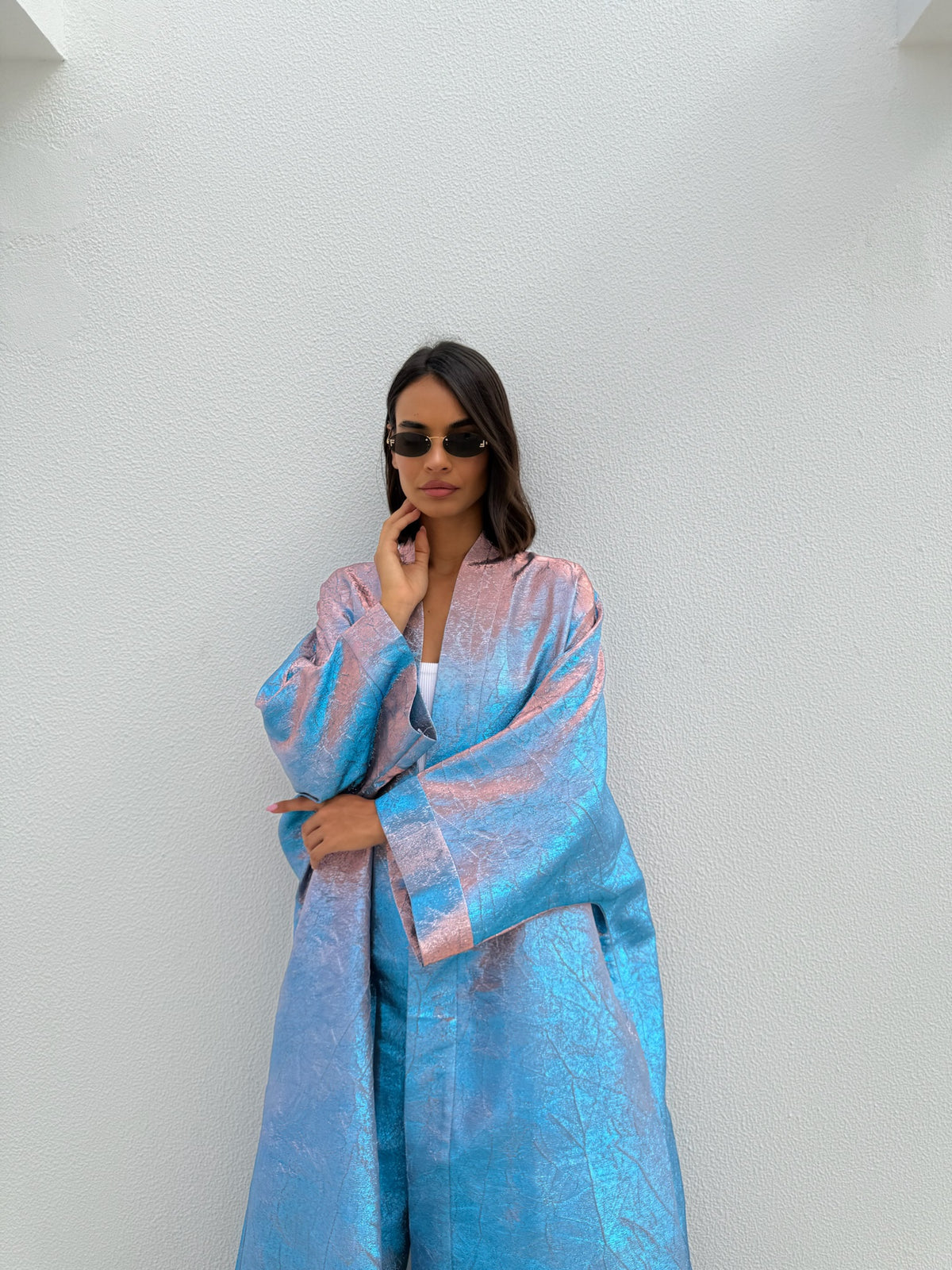 METALLIC ABAYA BABY BLUE-PINK