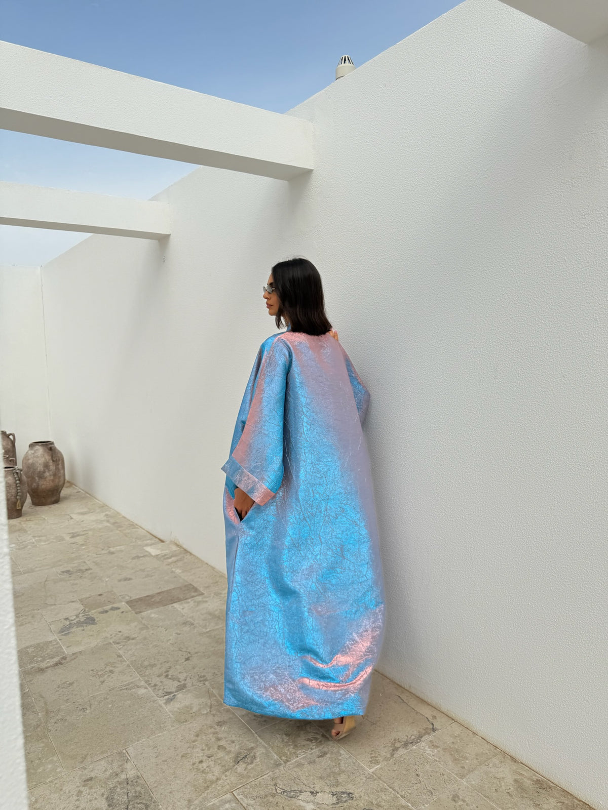 METALLIC ABAYA BABY BLUE-PINK